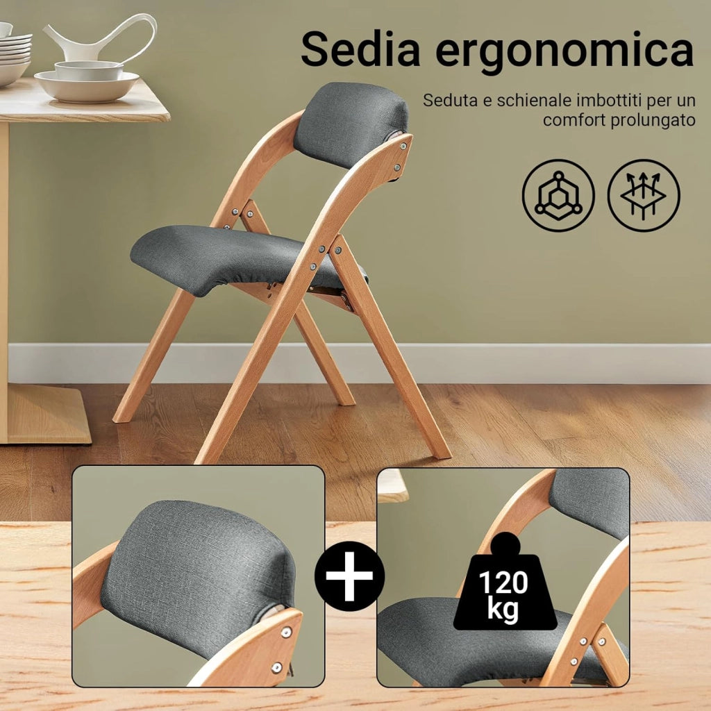 Sedia Pieghevole in Legno Set da 2 Poltrona Imbottita da Cucina, Sedie da Interno per Ufficio, Balcone, Giardino – Sedie Pieghevoli Salvaspazio Richiudibili in Faggio, Grigio Scuro FST92-SGx2