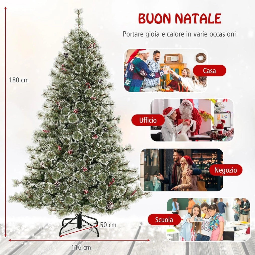 Albero di Natale Artificiale 180 CM, Albero di Natale Pre-Illuminato con 350 Luci LED Multicolore e Calde, 9 Modalità, 598 Punte di Pino, 42 Pigne e 42 Bacche Rosse
