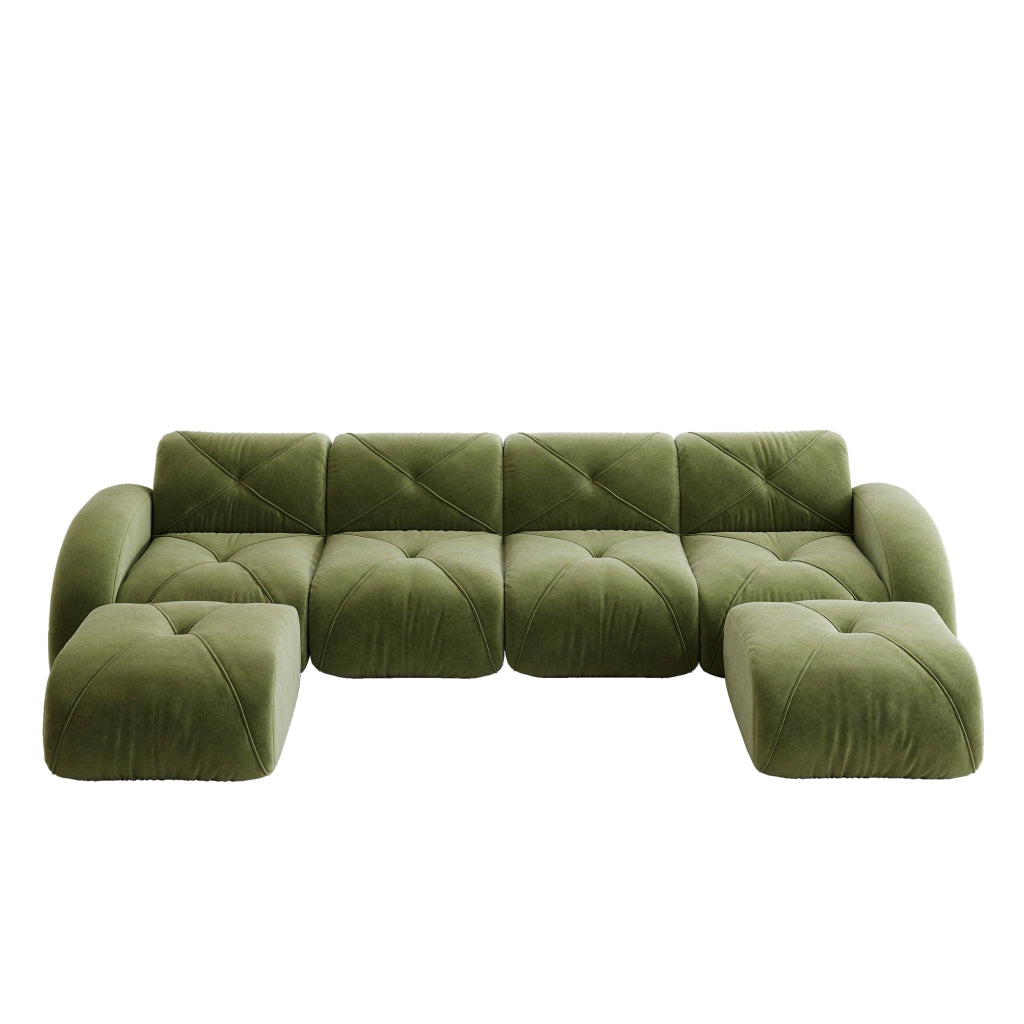 Divano Modulare a U 4 Posti con 2 Poggiapiedi ¨C MINIMAL ¨C Tessuto Verde, Senza Montaggio
