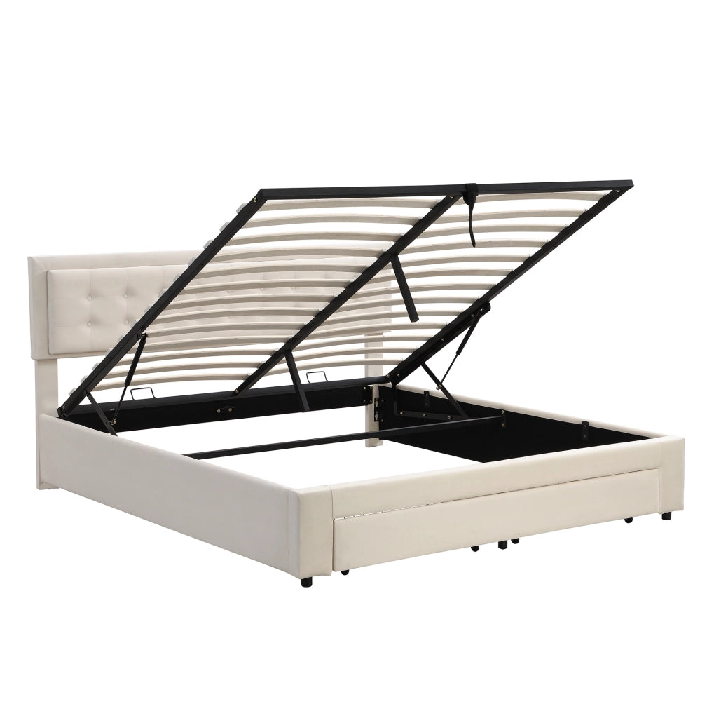 Letto matrimoniale imbottito in velluto beige 160x200 cm con contenitore e cassetti