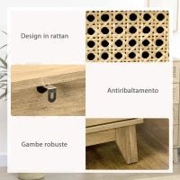 Cassettiera con 4 Cassetti e Inserti in Rattan Stile Boho, 80x35x95 cm, Legno Naturale