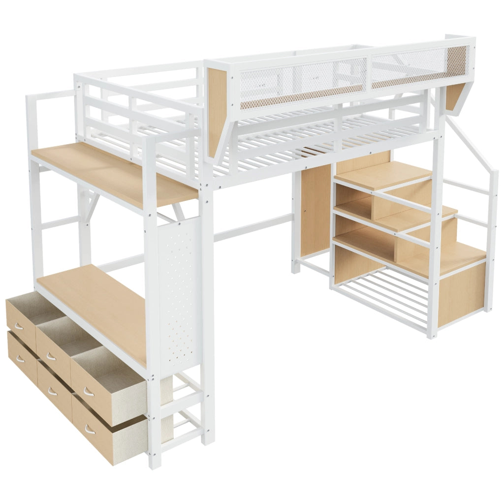 Letto a soppalco 140 × 200 cm con scaletta, ripiani, LED e cassetti in tessuto, senza materasso, bianco