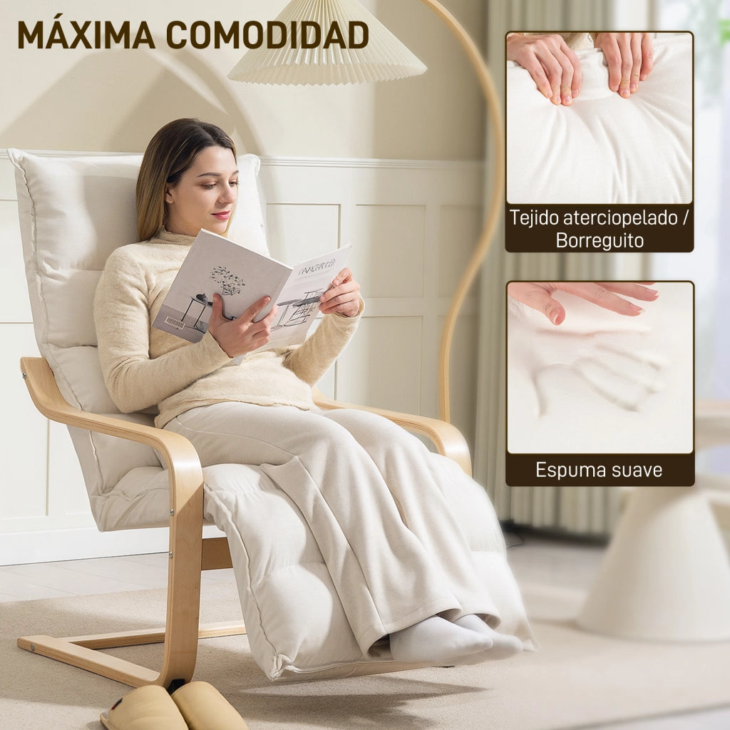 Poltrona Relax con Poggiapiedi Regolabile in Velluto Crema ¨C Zephmum ¨C 67x93x105 cm