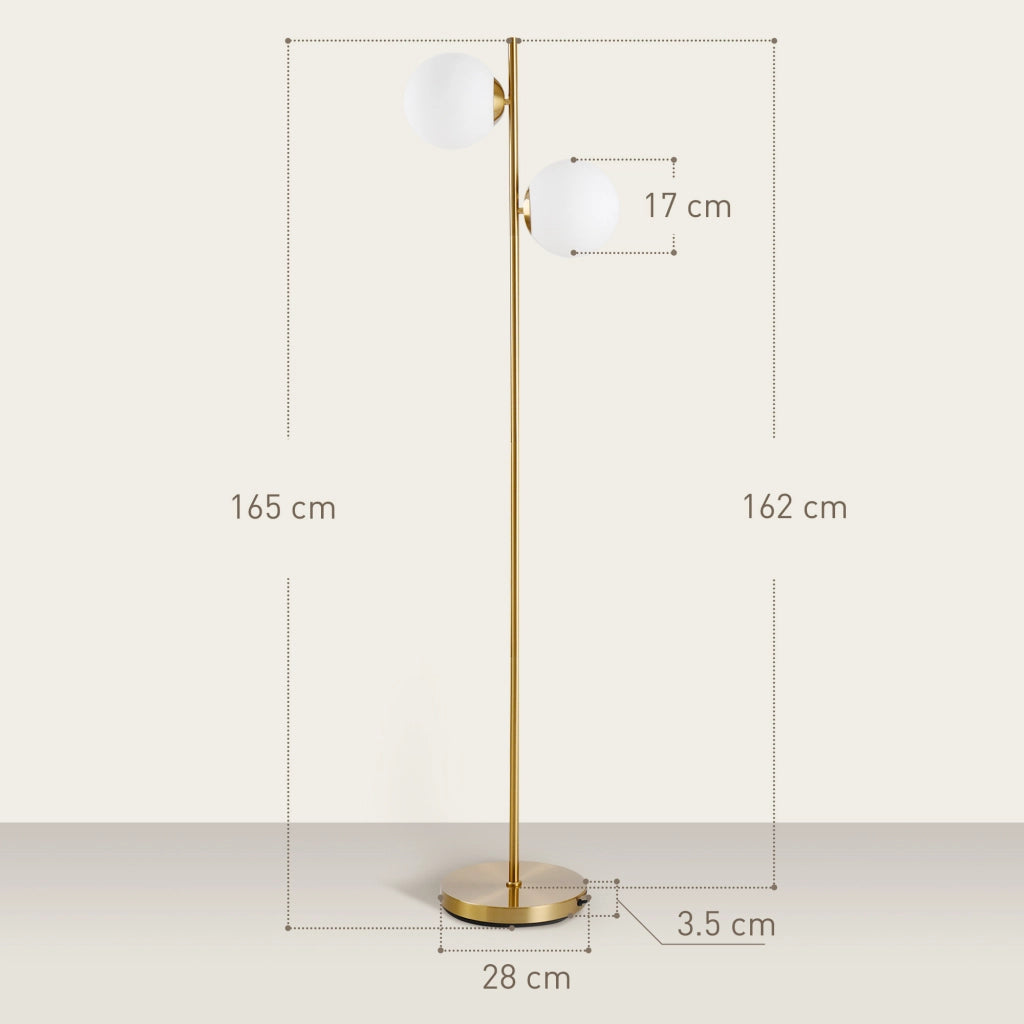 Lampada da Terra con 2 Luci e Paralumi a Sfera, Interruttore a Pedale e Attacco E27, ?28x165 cm, Oro