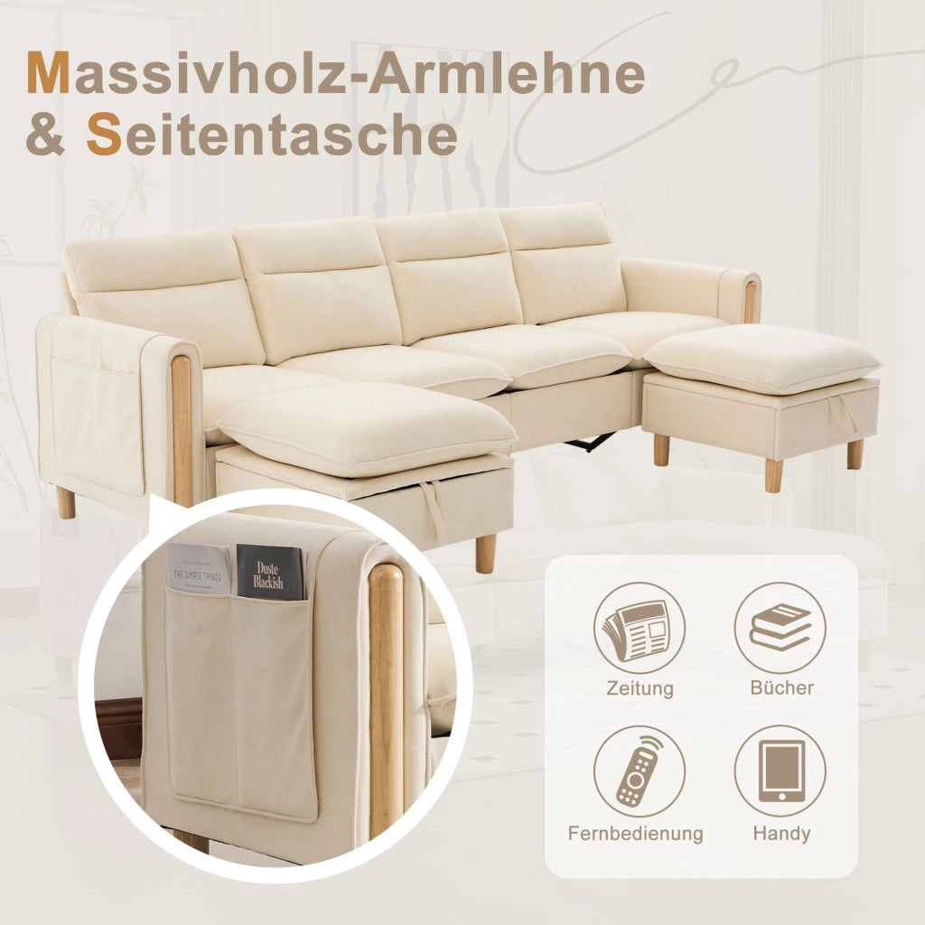Divano a U modulare per 4 persone con 2 pouf contenitore, tasche laterali e piedi in legno massello in ciniglia beige