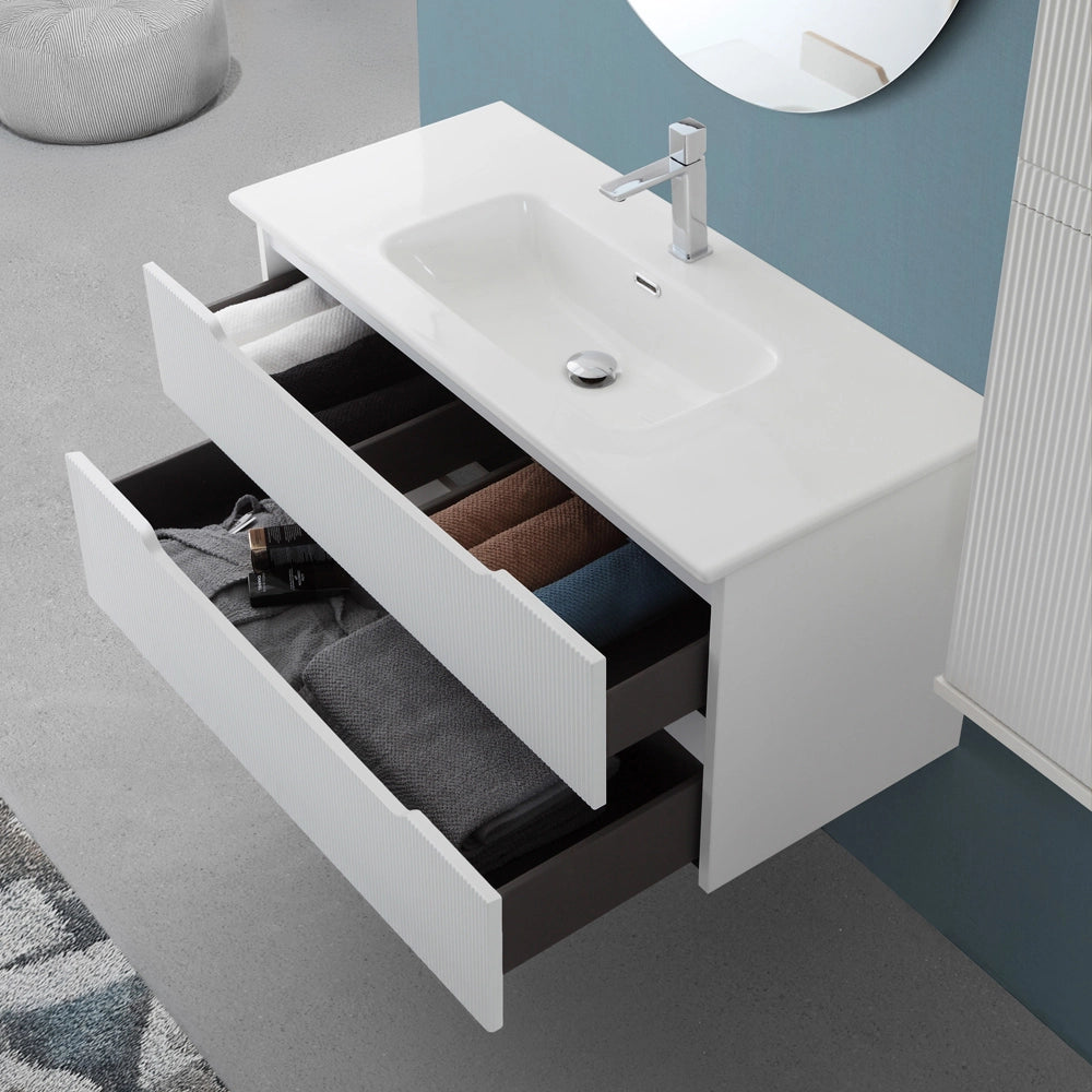 Mobile bagno sospeso 100 bianco cannettato doppi cassetto lavabo e specchio Wise