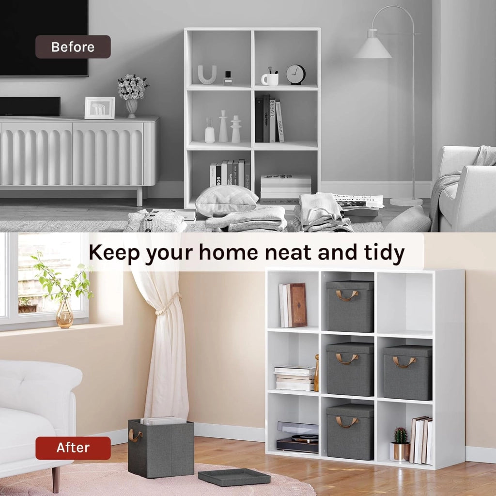 Scatole Contenitori Pieghevoli Set di 10, Cubi in Tessuto con Manico, Coperchio e Struttura in Metallo, Organizer per Armadio e Scaffale, Grigio, 33x33x31,5cm