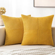Due decorativi cuscini per divano, stile rustico boho, decorazione per salotto, tessuto corduroy a quadri con texture patchwork, misura 40x40cm, giallo chiaro.