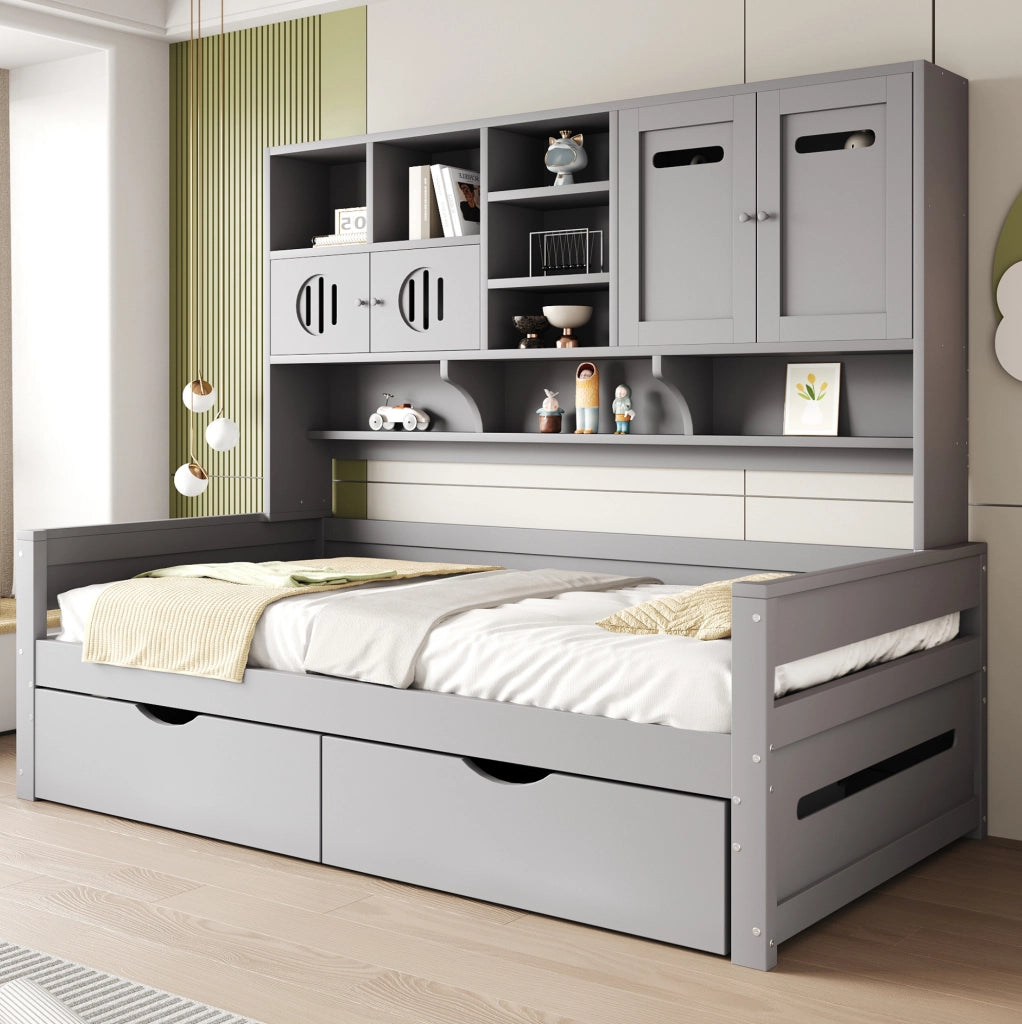 Letto singolo multifunzione 90x200 cm grigio con cassetti