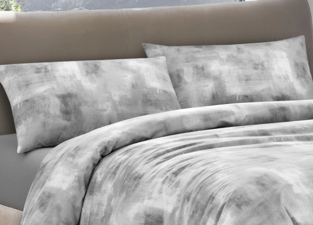 Completo Lenzuola Letto 100% Cotone Made In Italy Disegno Nebula - Piazza e Mezza - Grigio
