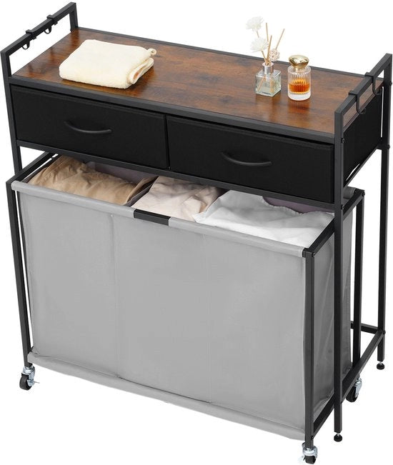Casa con 3 sezioni, con ruote, organizzatore con tasche estensibili, cassetti, ganci e coperchio in legno per capi d'abbigliamento e bagno