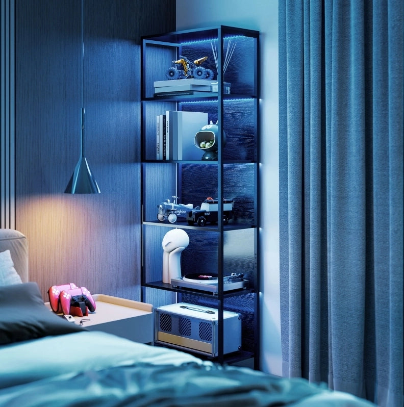 Libreria nera a 5 ripiani con LED a 7 colori, 60 x 30 x 179 cm
