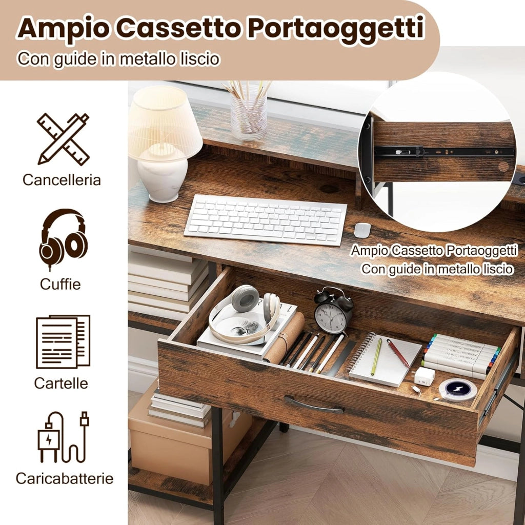 Scrivania Salvasapzio per Computer con Stazione di Ricarica 106 x 48 cm, Mensola sopra Tavolo, Cassetto e Libreria Laterale a 2 Ripiani, Tavolo Industriale per Ufficio e Casa (Marrone Rustico)