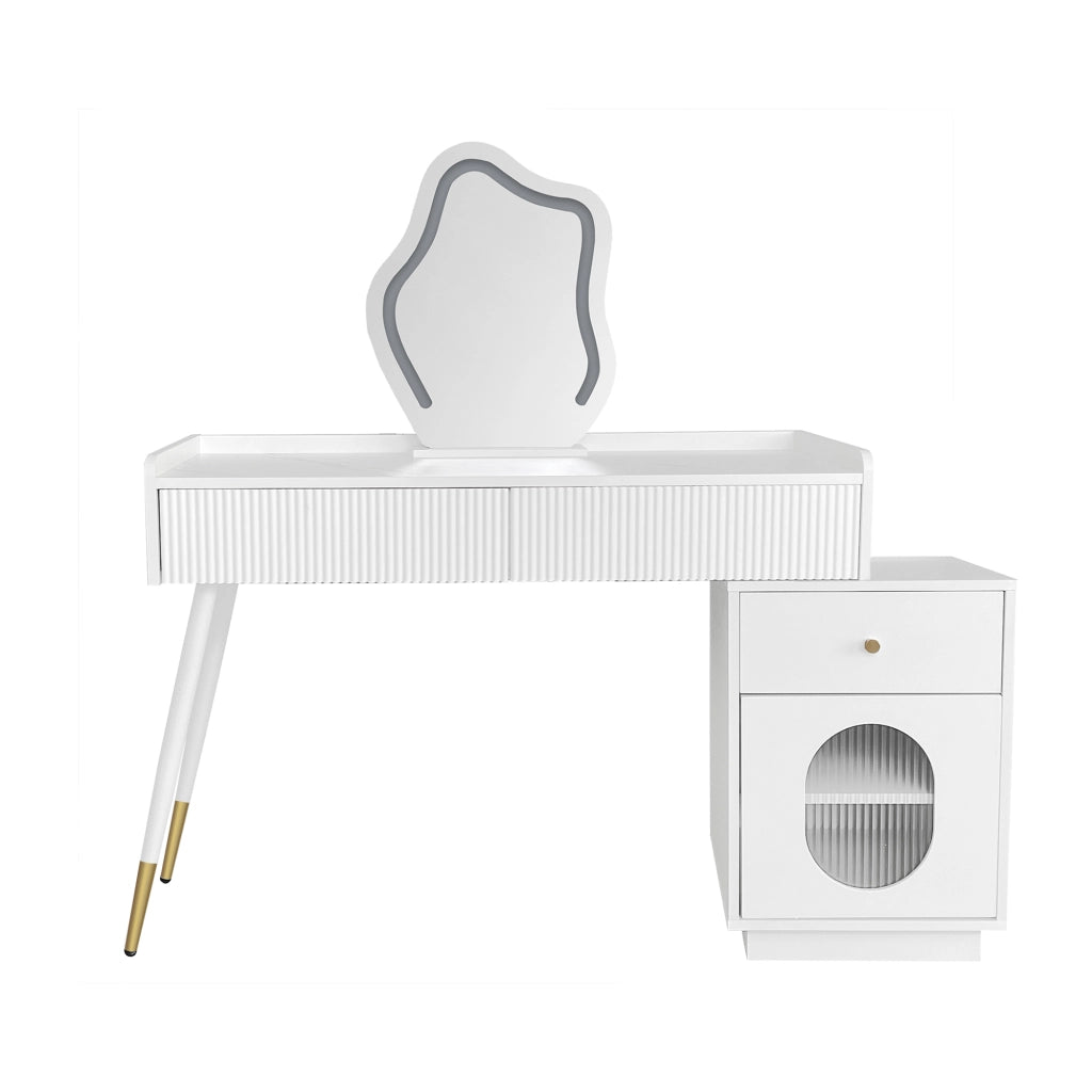 Tavolo da trucco con specchio LED e illuminazione, colore bianco, con due cassetti e mobile laterale, 100 x 75 x 40 cm