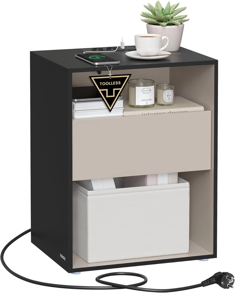 VASAGLE Comodino, Montaggio Rapido Senza Attrezzi Toolless, Tavolino con Stazione di Ricarica, Moderno, Cassetto, per Camera da Letto e Soggiorno, Nero Inchiostro e Beige Cappuccino LET777B04