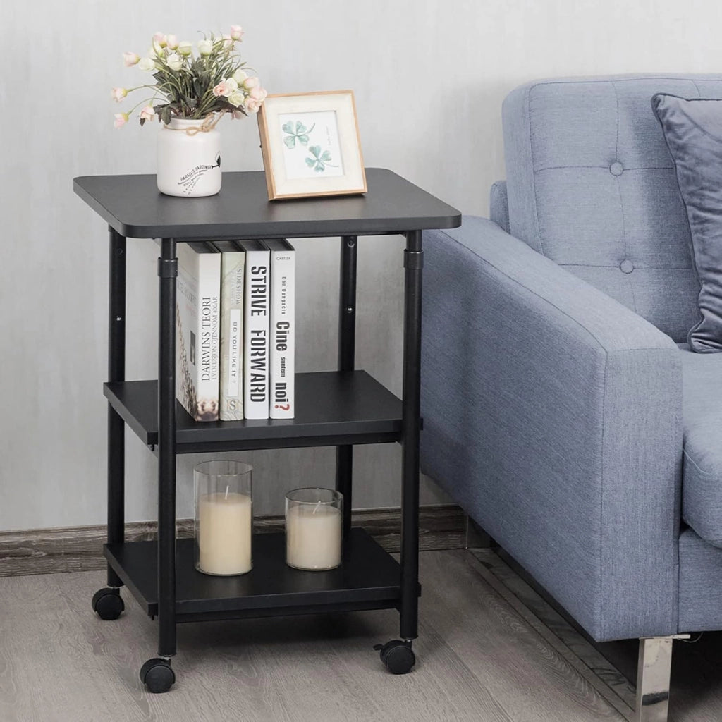 Carrello Supporto per Stampante, Scaffale Portaoggetti con Ruote, a 3 Ripiani, Ruote con Freni, Altezza Regolabile, Portata di 50 kg per Ogni Piano, 49x40x67-77 kg