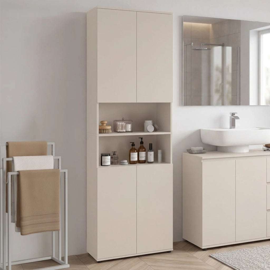 IDMarket - Mobile da bagno TOMI a 4 ante e 2 nicchie in legno beige