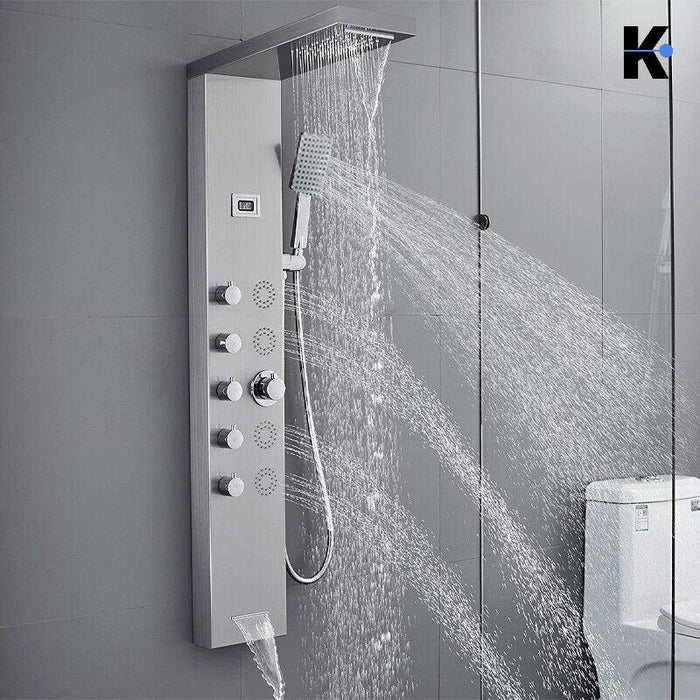 BERND | Pannello doccia premium a pioggia in acciaio inox | Sistema doccia massaggiante in argento spazzolato | Rubinetto miscelatore sistema