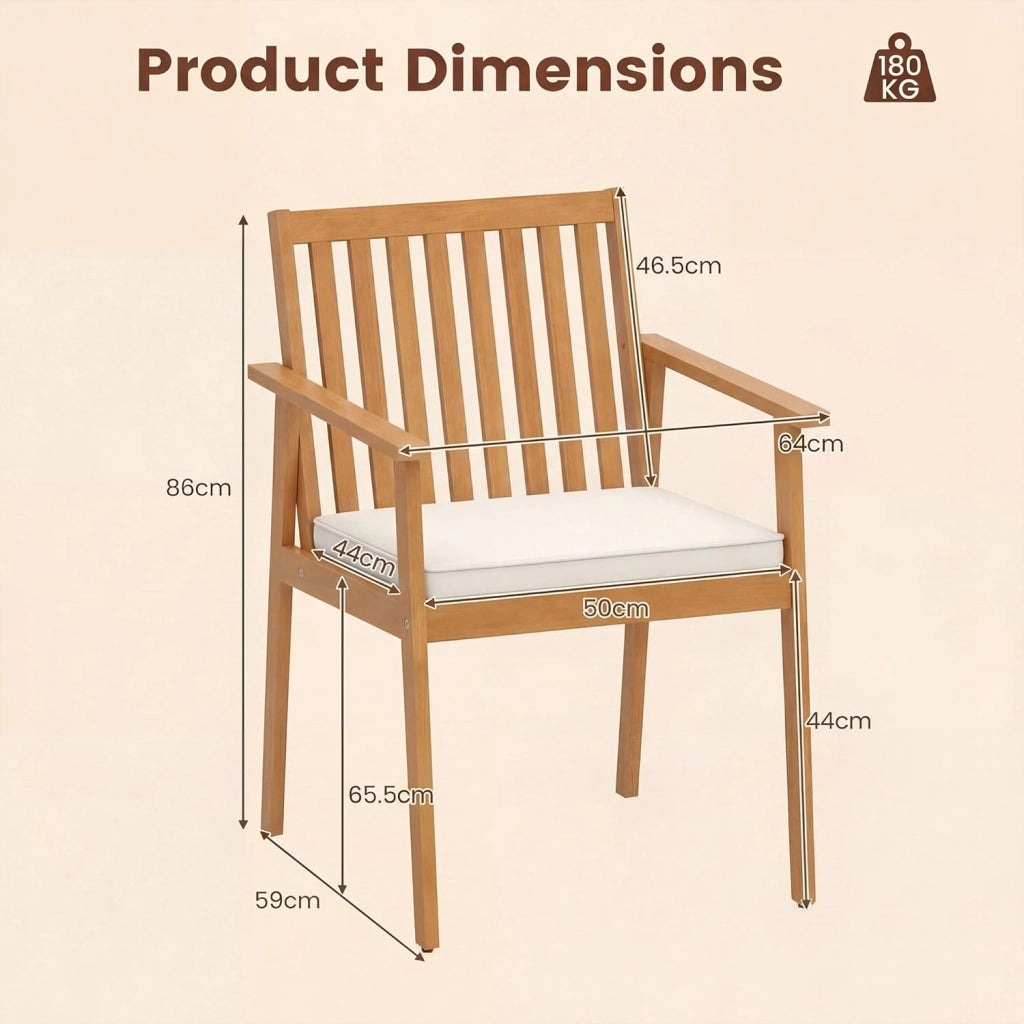 Set di 2 Sedie da Giardino Ergonomiche con Cuscino Rimovibile, Sedie da Pranzo con Braccioli, Poltrona in Legno di Acacia da Terrazza, Balcone, Cortile, Portata 180kg (Giallo Teak)