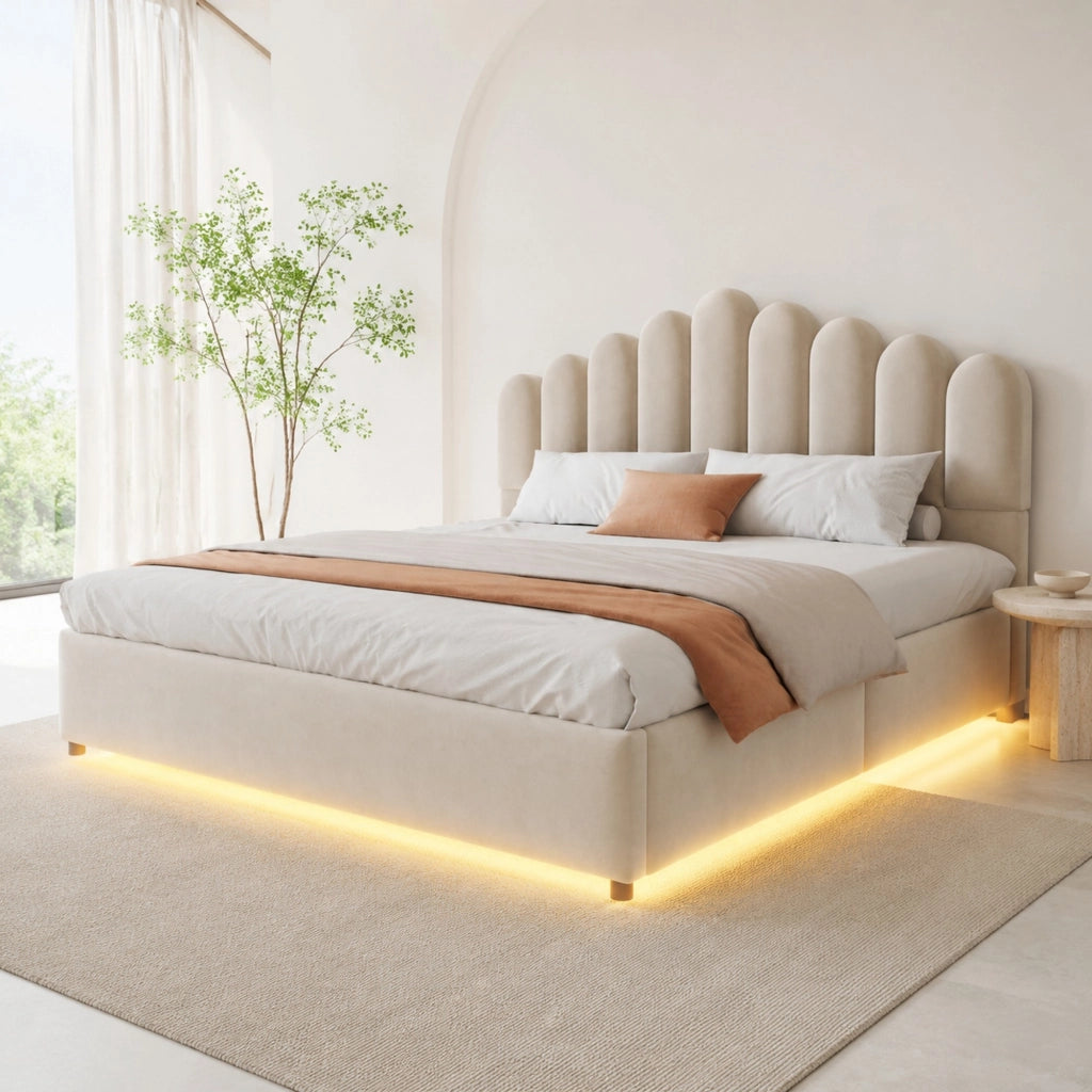 Letto Contenitore Matrimoniale 180 x 200 cm; con LED e Vano Contenitore; in Velluto; Beige