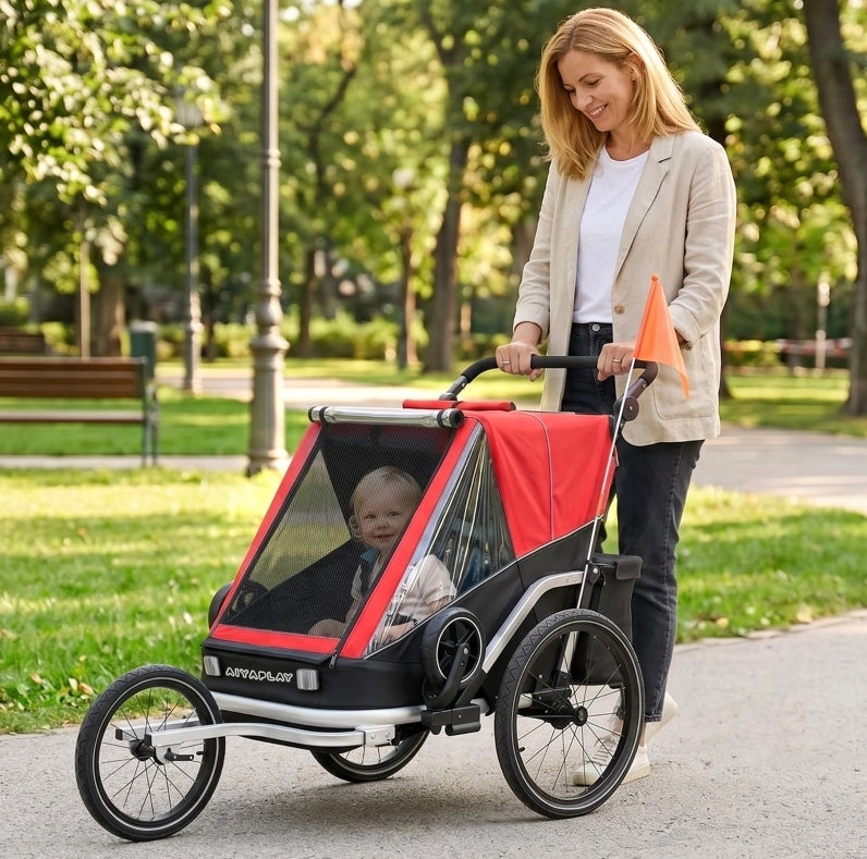 Rimorchio bici per bambini 2 posti 2 in 1 pieghevole rosso