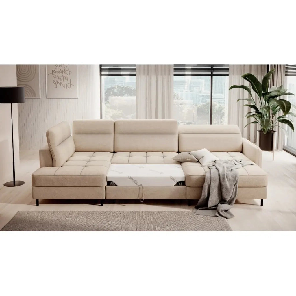 Divano angolare convertibile BERTHO 306 cm beige crema in ciniglia – Angolo destro con contenitore