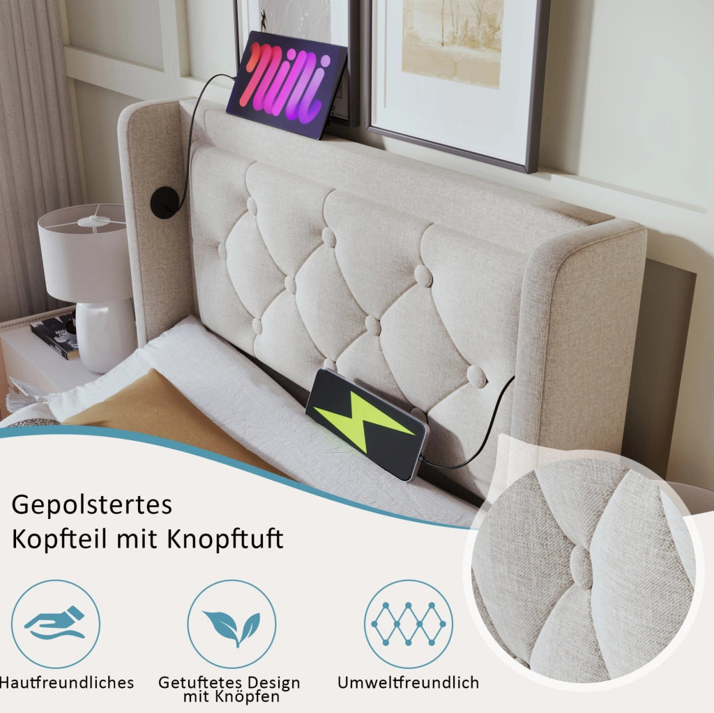 Letto imbottito con contenitore 90x200 cm; USB Type-C; LED 3 lati; beige in cotone