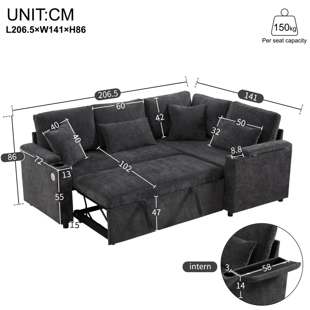 Divano angolare letto con contenitore; portabicchieri e USB; in ciniglia grigio scuro