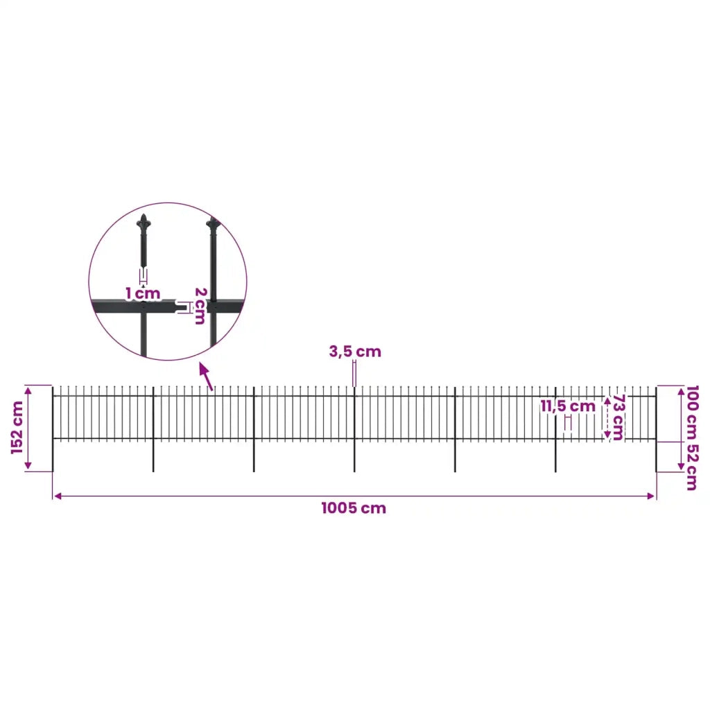 Recinzione da Giardino con Punta a Lancia in Acciaio 1005x100 cm Nera 277616