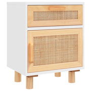 Comodino | Armadio da Notte | Mobiletto da notte Bianco in Legno Massello di Pino e Rattan Naturale