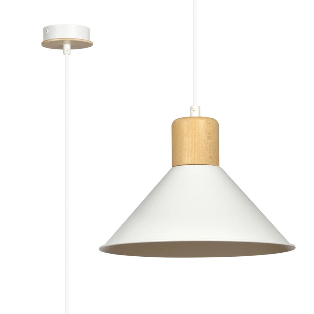 Lampada a sospensione Rowen in acciaio bianco e legno
