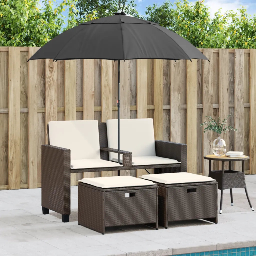 vidaXL Divano Giardino 2Posti Ombrellone e Sgabelli Marrone Polyrattan