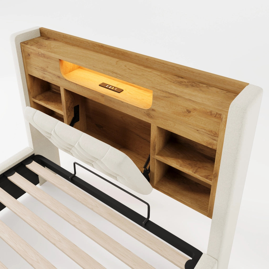 Letto matrimoniale 90x200 cm con contenitore idraulico; LED e porte USB; in lino beige