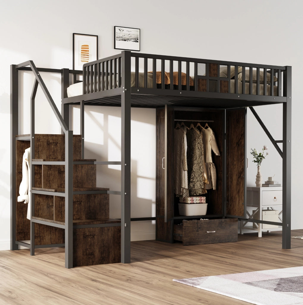 Letto a soppalco 140x200 cm in metallo e legno; nero; con armadio e scala contenitore