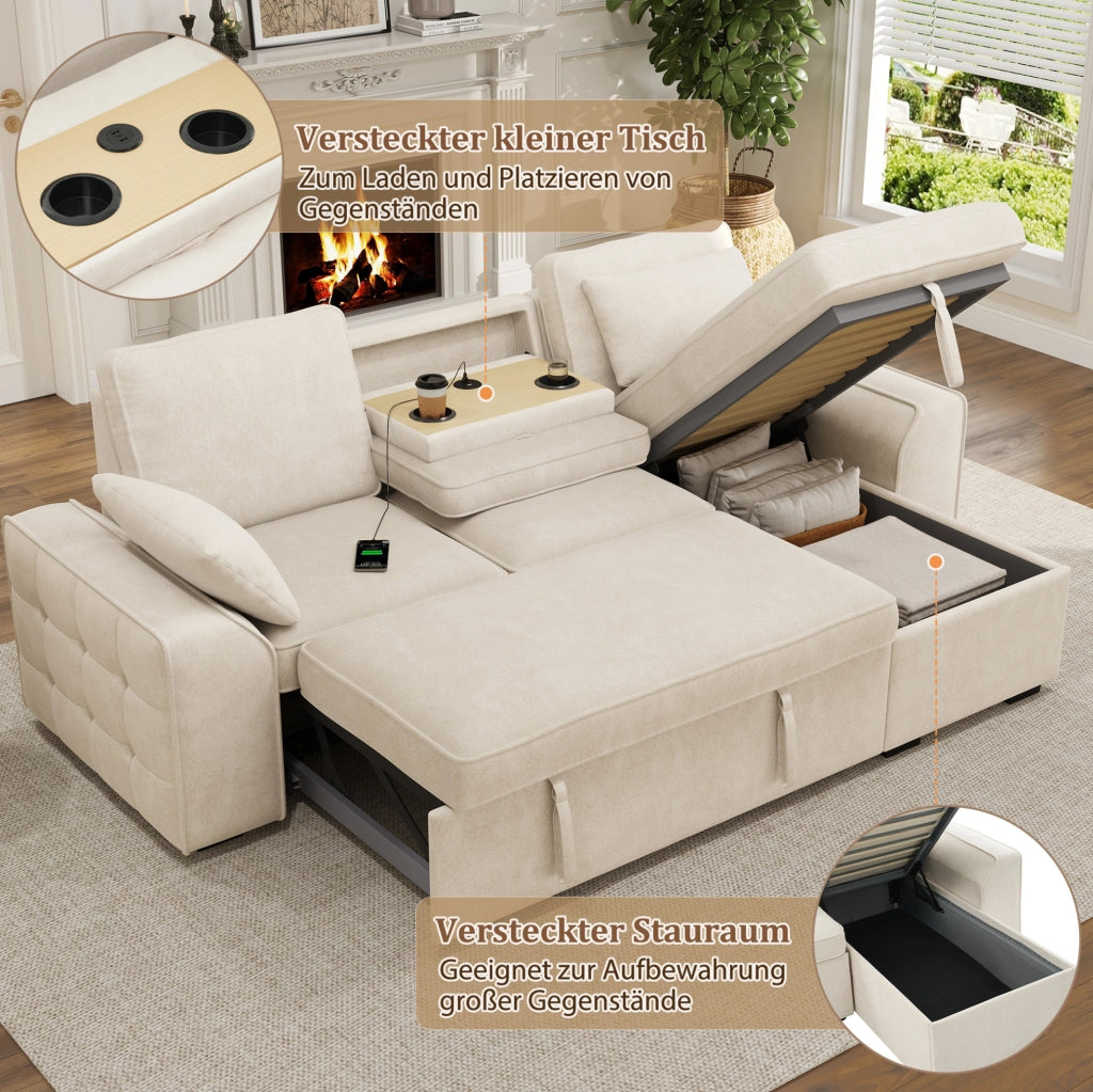 Divano angolare 3 posti 237x141x86 cm in ciniglia beige con contenitore; tavolino e USB