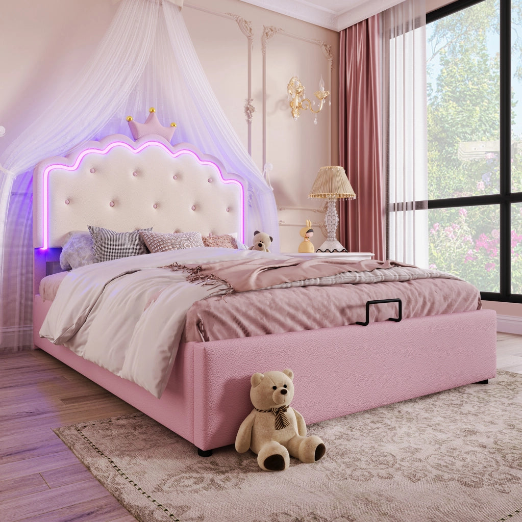 Letto per bambini imbottito con testiera a corona; 140 x 200 cm; PU rosa; con rete a doghe e LED
