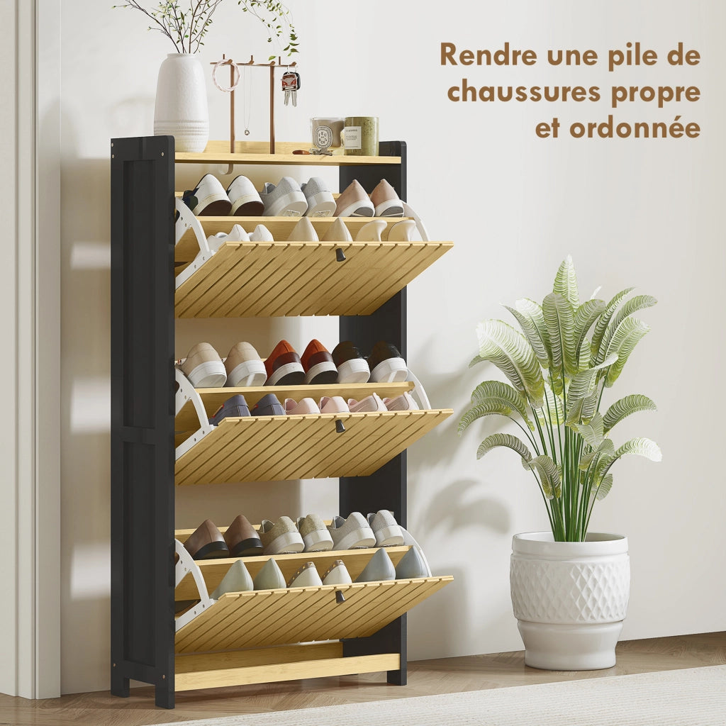 Scarpiera con cassetti e ante in bamb¨´ ¨C Zephmum ¨C Nero e legno naturale 60x24x118cm