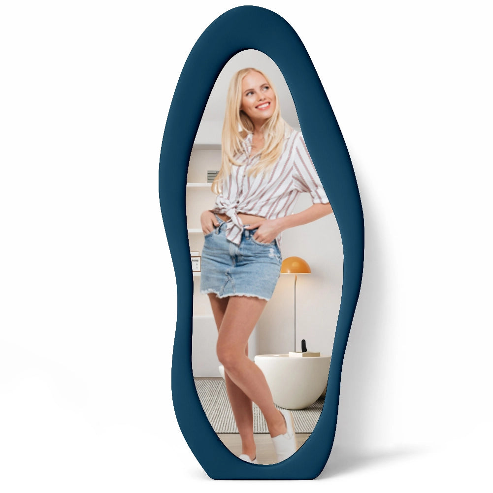 Specchio Grande Ondulato 60x160 cm da Parete con Cornice in Velluto Moderno Blu