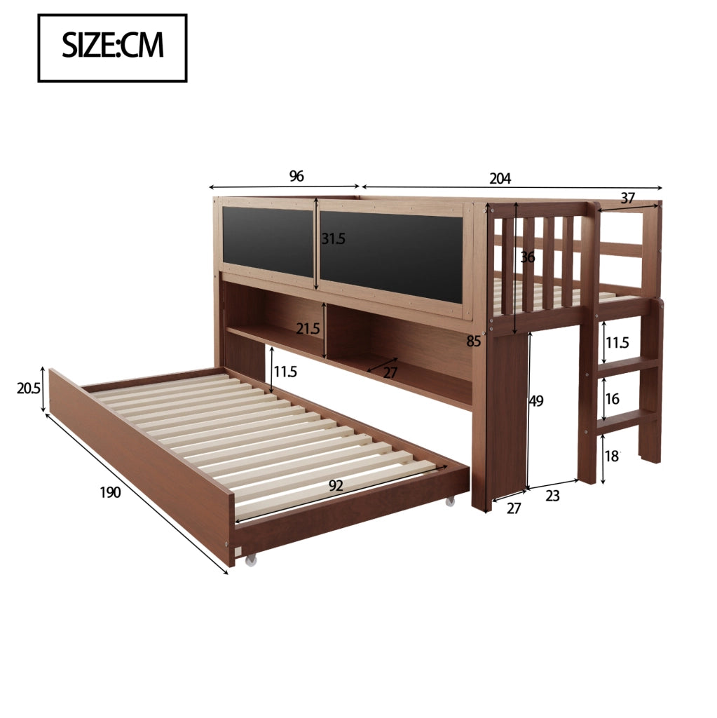 Letto a soppalco 90x200 cm con letto estraibile; lavagna e ripiani in legno marrone