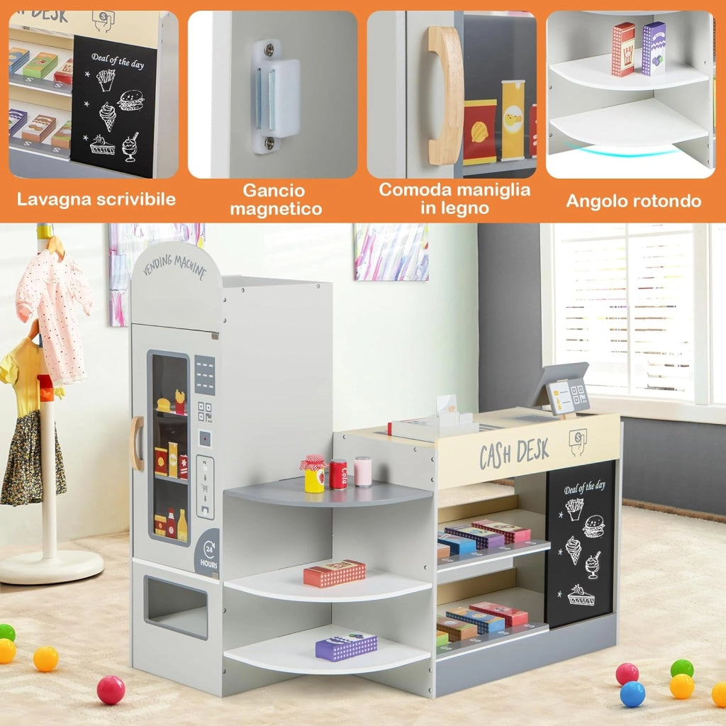 Negozio Alimentare per Bambini, Set di Giocattoli Supermercato in Legno con Cassa, Macchina POS, Distributore Automatico, Lavagna Scrivibile, per Bambini 3-8 Anni (Grigio)