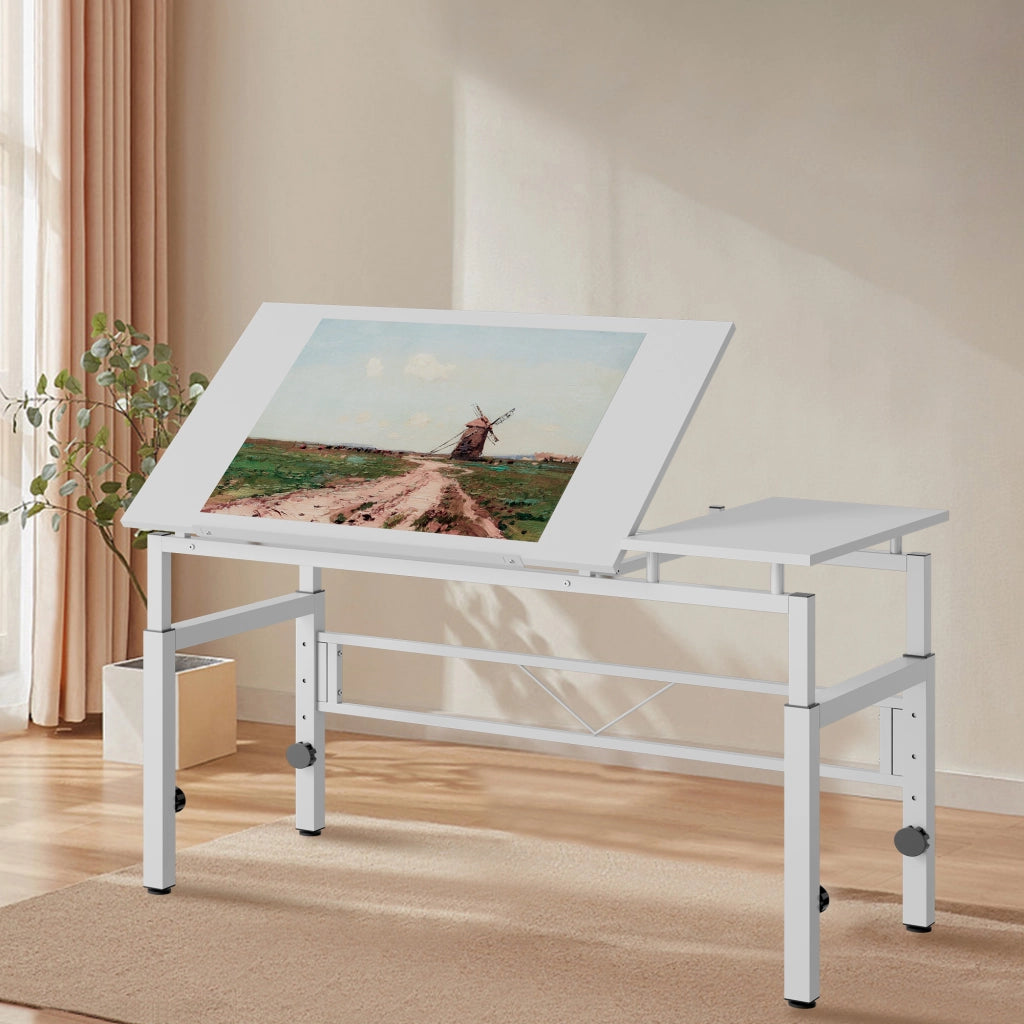 Scrivania lineare regolabile in altezza con piano inclinabile da 0 a 60 gradi per ufficio e studio in MDF e metallo bianco