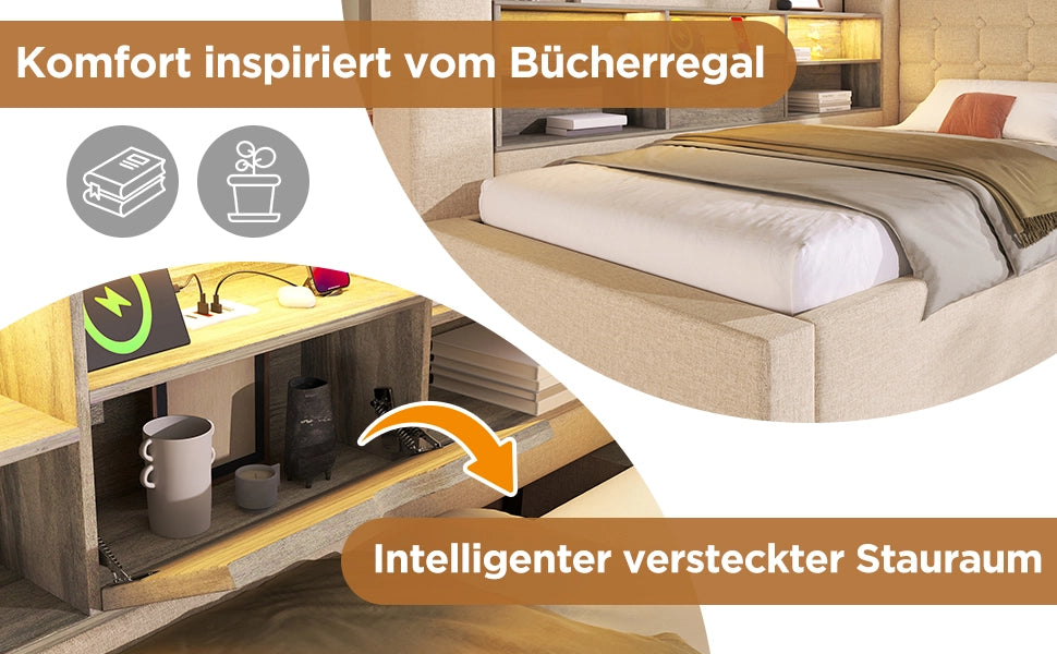 DESMIU Letto singolo 90 × 190 cm con contenitore idraulico, LED, USB-A e USB-C, senza materasso, beige