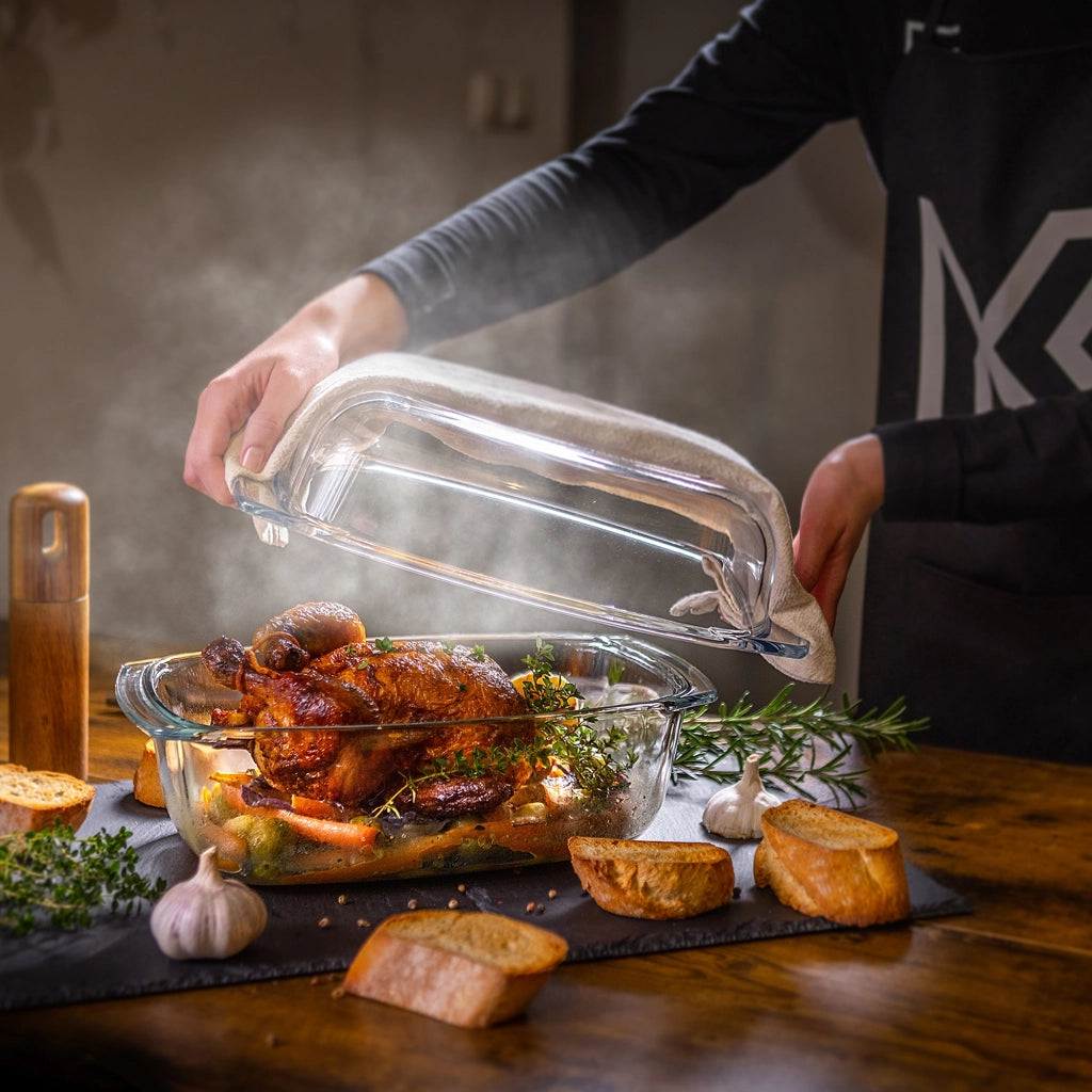 Teglia da forno rettangolare in vetro grande KADAX da 7 litri con coperchio