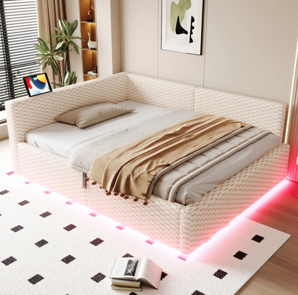 Letto imbottito 140x200 cm con contenitore, LED e porte USB/Type-C