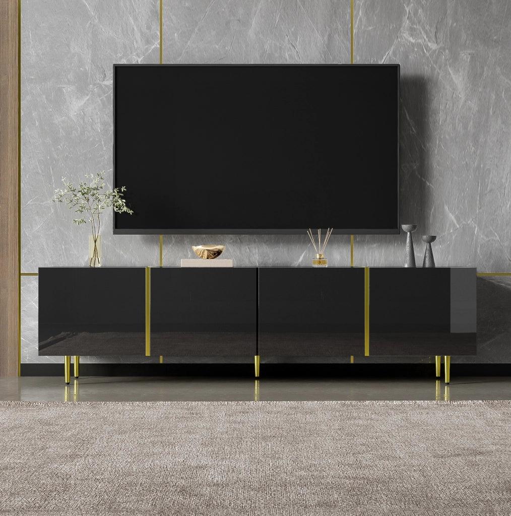 Mobile TV in MDF nero lucido con 4 ante e cerniere soft-close; 170 x 35 x 46 cm