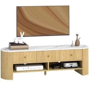 Mobile TV 140 cm, mobile per TV da 65 pollici effetto marmo 3 cassetti a scanalature effetto legno naturale