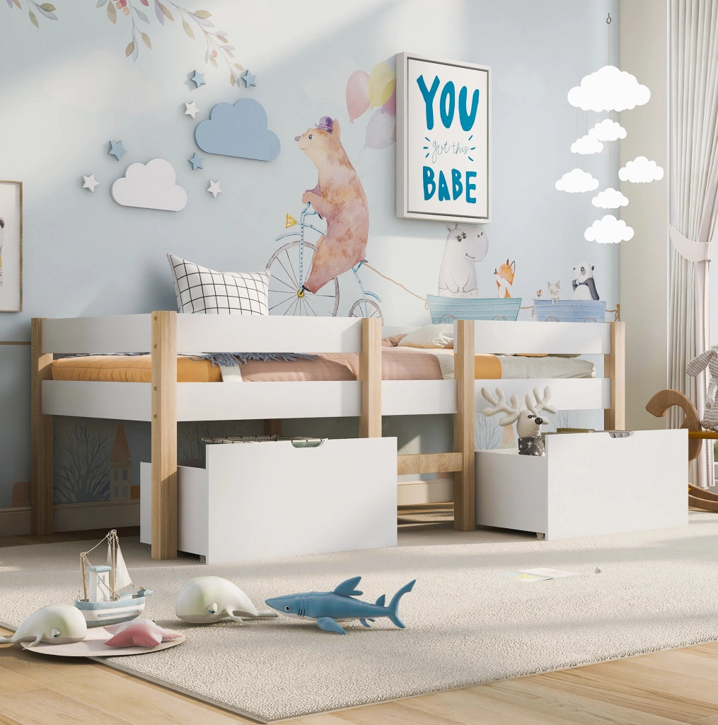 Letto a soppalco semi-alto per bambini 90x200 cm in legno massello di pino bianco