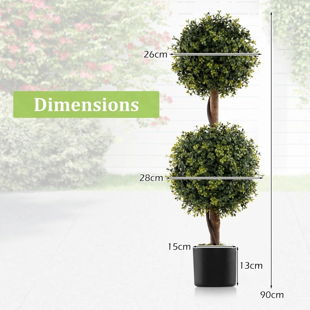 Set di 2 alberi artificiali Topiari di Bosso, piante finte con foglie realistiche in PE e tronco simulato, vaso di cemento e copertura di muschio, pianta per ingresso, soggiorno