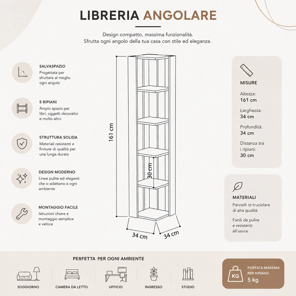 Libreria Angolare 5 Ripiani in Legno Antracite Scaffale Salvaspazio 34x34x161cm