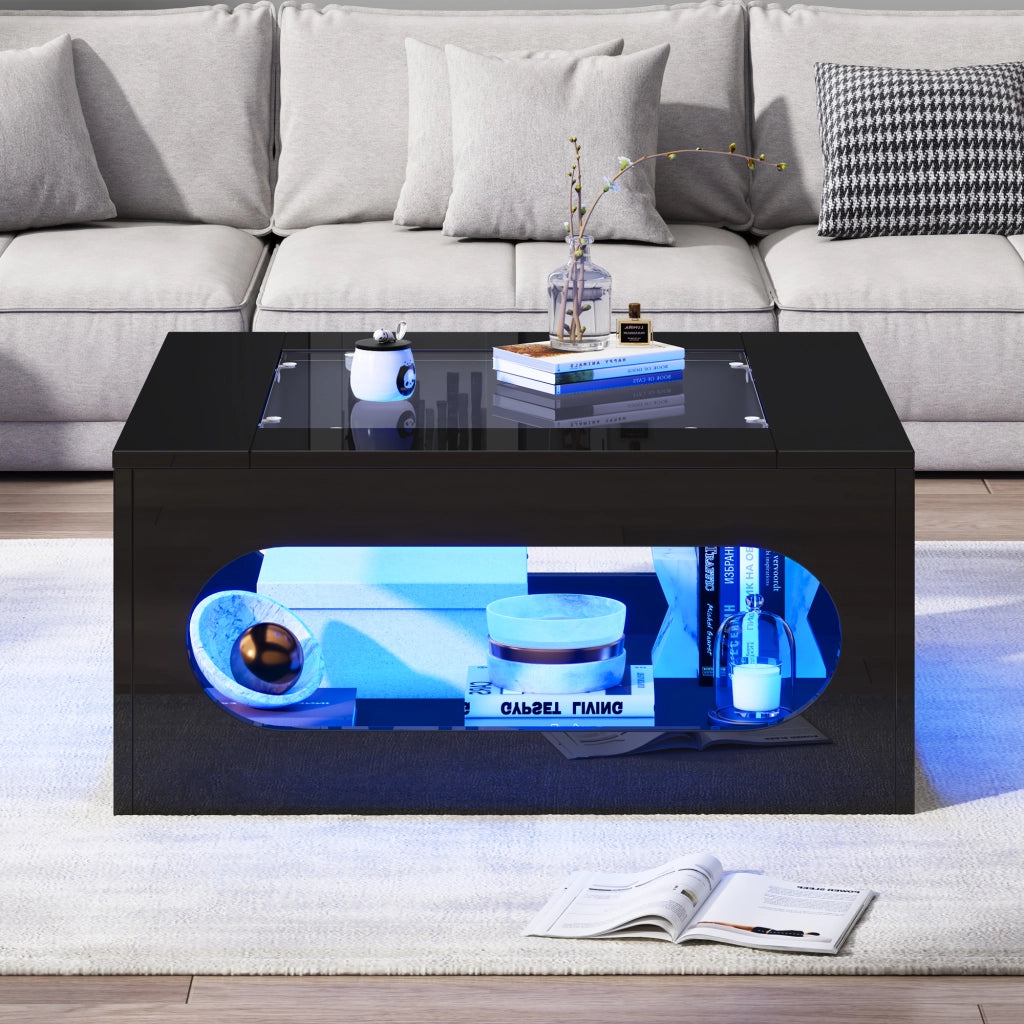 Tavolino da salotto 70x70x35 cm; design traforato con vetro temperato e LED; MDF nero